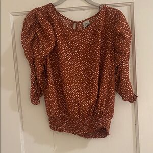 Paper Crane Rust Polka Dot Puff Sleeve Top